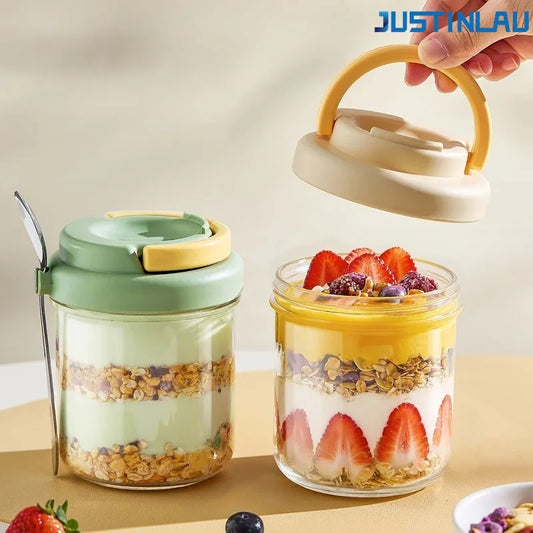 8.5 cm or 12.5 cm, Portable Salad Cup with Stainless Steel Spoon, Thick Glass Breakfast Cup Sealed for Students Breakfast