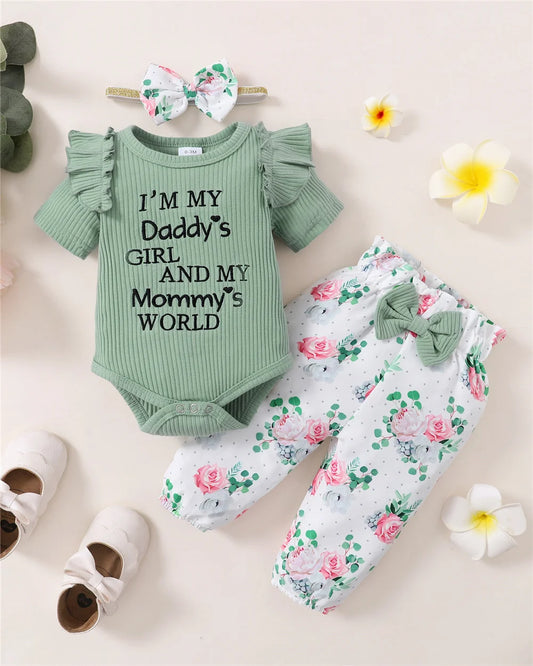 Newborn Baby Girl 3PCS Clotheing  Set with  Lettering.   Short Sleeved Romper+Flowers Pant+Bowknot,  Headband for weather.  Summer  Outfit
