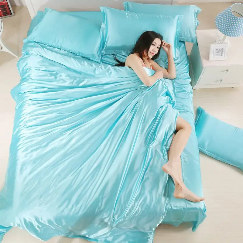Nordic Satin Silk Bedding Set with Duvet Cover,  Bed Sheet,  Pillowcases.   Luxury Solid Single, Double, Couple Pillow Case and Bedsheet