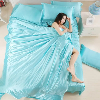 Nordic Satin Silk Bedding Set with Duvet Cover,  Bed Sheet,  Pillowcases.   Luxury Solid Single, Double, Couple Pillow Case and Bedsheet