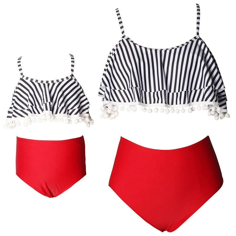 Ruffled Mother /Daughter Matching Swimsuits,  O-Neck,  Mom /Baby,  Woman /Girls Swimwear