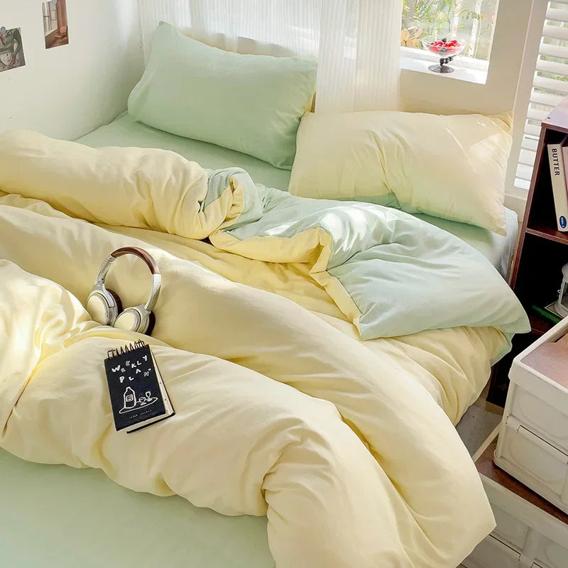 Solid Bed Linen Cotton Bedding Set 4pcs with Sheet Duvet Cover,  Pillowcases, Single/  Couple Bedsheet Single / Couple Twin Size
