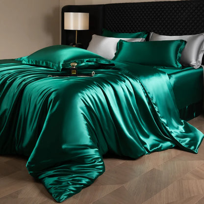 Silk Bed Sheets Set,   Luxury Bedding Set with Duvet Cover,  Fitted/Flat Bedsheet,  Pillowcases, Mixed with Rayon, King /Queen/ Full T/win