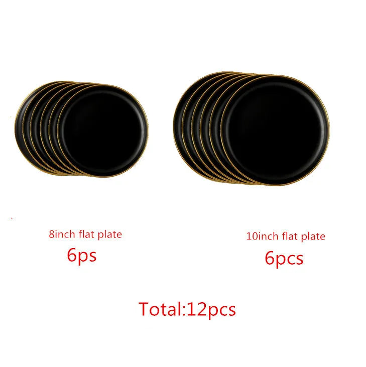 Gilt Rim Black Porcelain Dinner Plates,  Kitchen Dishes,  Ceramics,  Tableware Food Tray,  Rice, Salad, Noodles Bowl , Cutlery Set