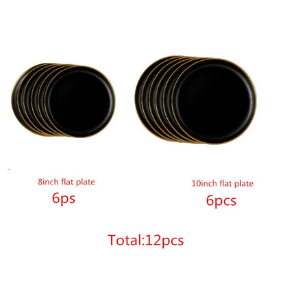 Gilt Rim Black Porcelain Dinner Plates,  Kitchen Dishes,  Ceramics,  Tableware Food Tray,  Rice, Salad, Noodles Bowl , Cutlery Set