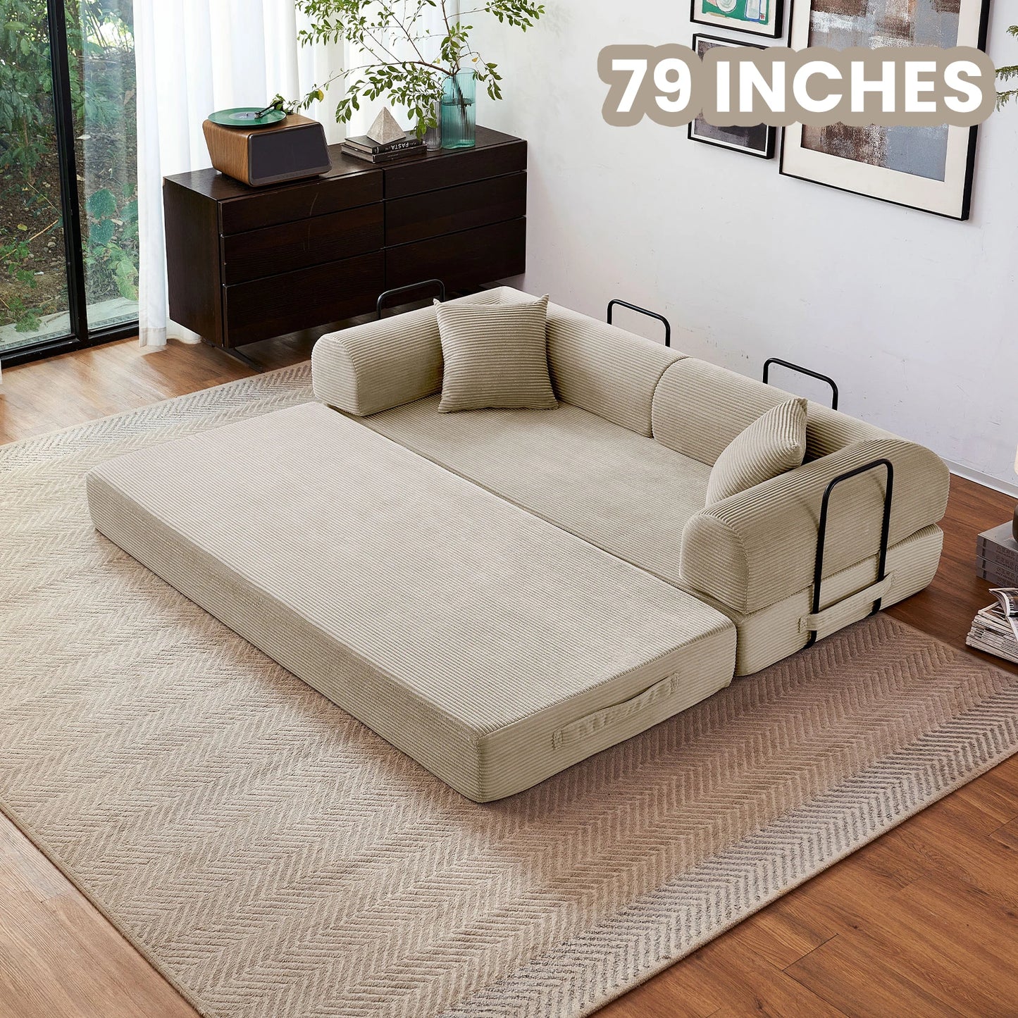 79'' Boneless Couch Foldable Convertible Futon Sleeper Sofa Bed,  Floor Lounge with L-Shaped Armrests for Living Room Sofas