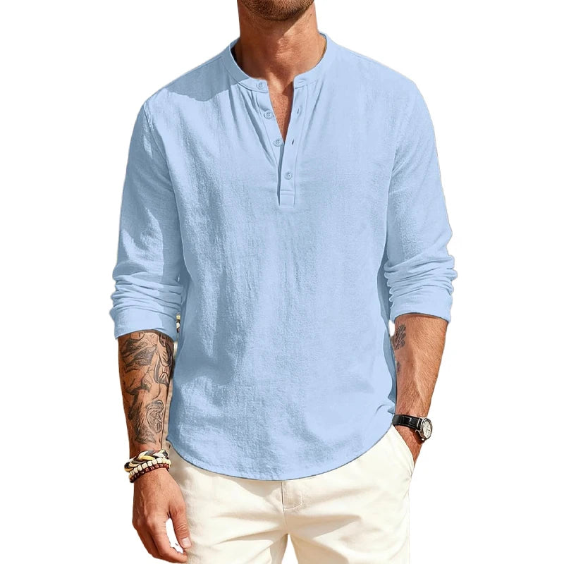 Cotton T - Shirts with Long Sleeves. Casual Henley, 9  or 10 Solid Colors  of  T-shirts for Men.