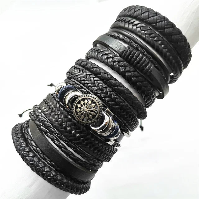 10 Pcs/set Black Wrap Woven, Handmade Mens  Bracelets. Male / Female Leather Bracelets.