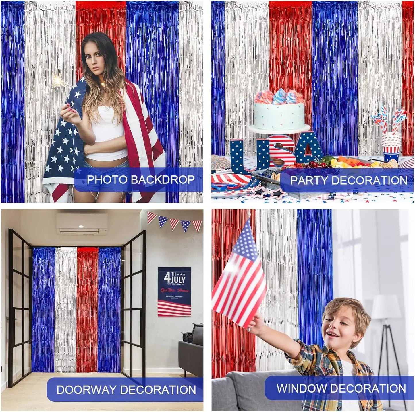 Patriotic  Decorations, Red White and Blue  Streamers, Foil Fringe Curtains Photo booth Props,  Party Backdrop.  Different lengths offered