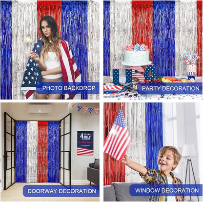 Patriotic  Decorations, Red White and Blue  Streamers, Foil Fringe Curtains Photo booth Props,  Party Backdrop.  Different lengths offered