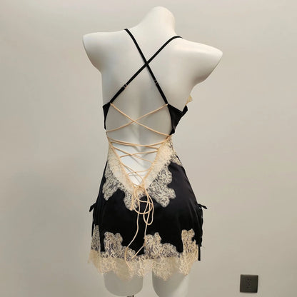 Sexy Pajamas for Women Nightwear.   Ice Silk Lace,  Beautiful Back Suspender Pajama Night Dress,  Elegant Strap,  Sweet Nightgown