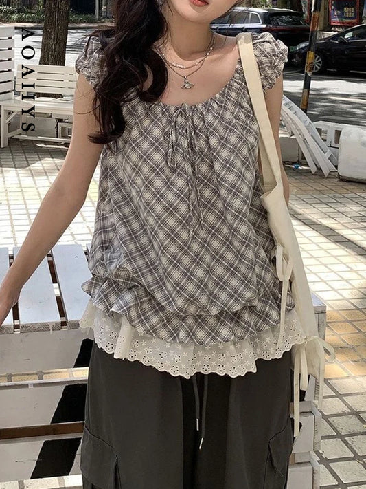 Crop Tops for Girls/ Women.   Plaid, Spliced,  Sleeveless,  Ruffled Lace  Fashion Tank. New Chic Female Tops