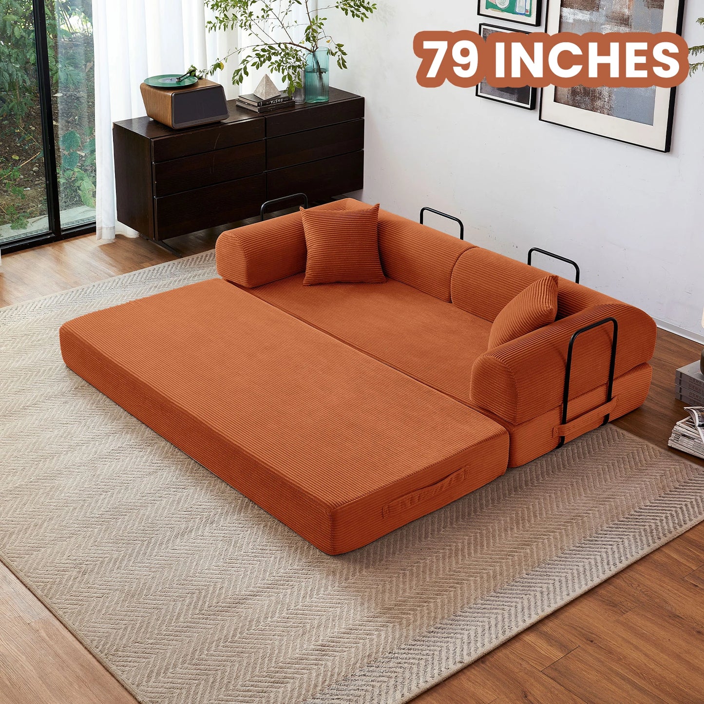 79'' Boneless Couch Foldable Convertible Futon Sleeper Sofa Bed,  Floor Lounge with L-Shaped Armrests for Living Room Sofas