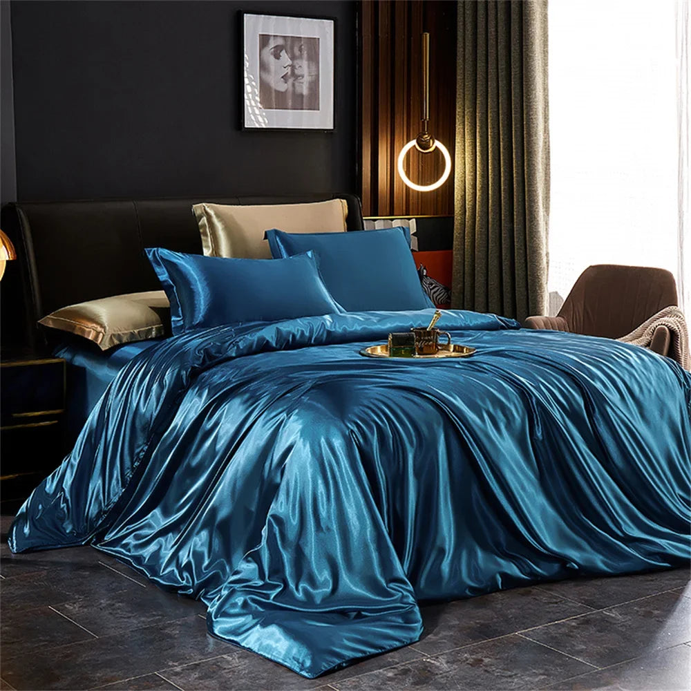 Solid Silk Bedding Set with Duvet Cover, Bed Sheet, 2 Pillowcases Luxury Satin Single Double Bedsheet King Queen Twin Size