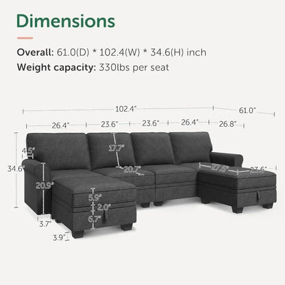 U-Shaped Sectional Sofa with Storage, Reversible Chaise for Living Room, Dark Grey