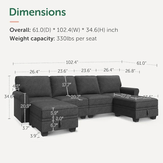 U-Shaped Sectional Sofa with Storage, Reversible Chaise for Living Room, Dark Grey