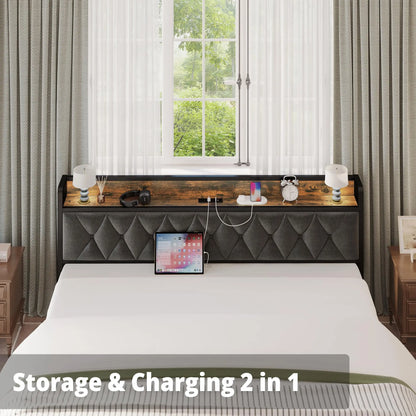 Twin/TwinXL/Full/Queen/King/California King Bed Frames, Storage Headboard with Outlets, No Noise, No Box Springs Needed