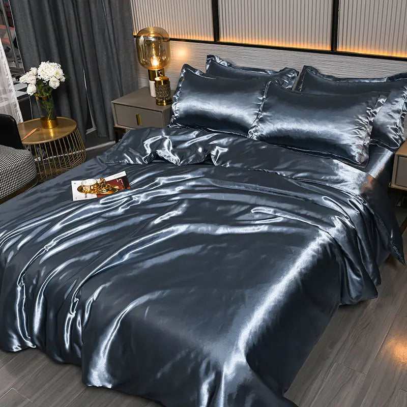 Nordic Satin Silk Bedding Set with Duvet Cover,  Bed Sheet,  Pillowcases.   Luxury Solid Single, Double, Couple Pillow Case and Bedsheet
