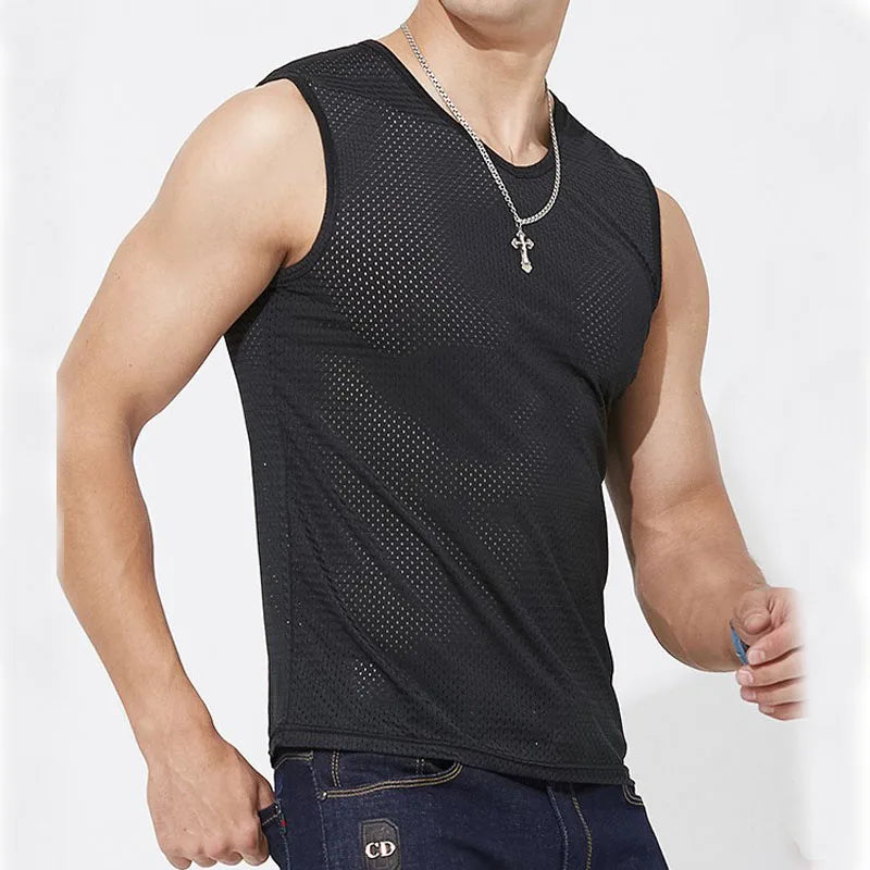 Men's Ice Silk Mesh Tank Tops,  Gym Stringer, Transparent Bodybuilding Sleeveless Shirt  for Fitness.
