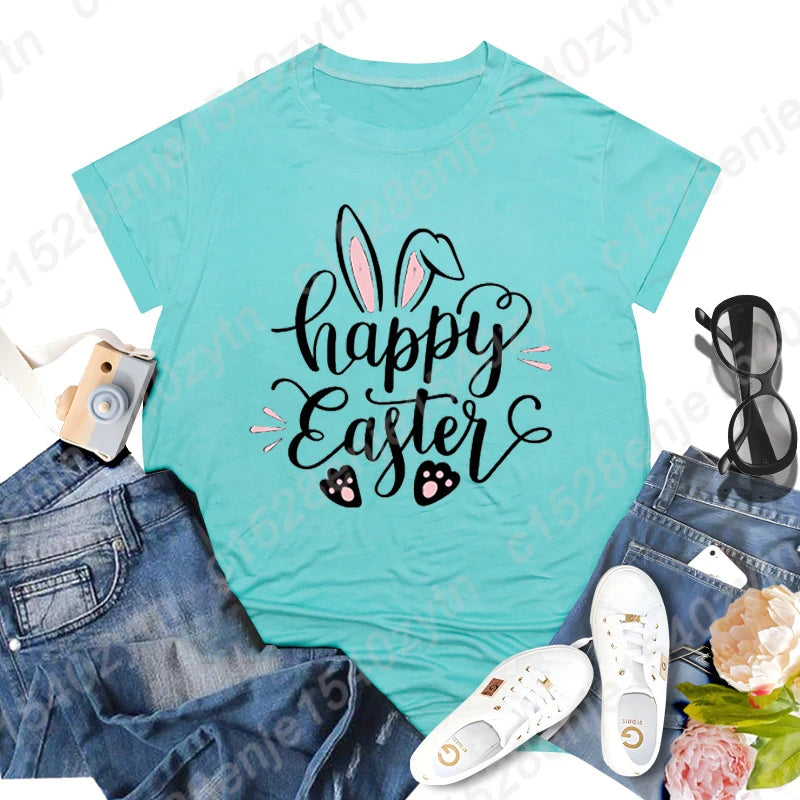Cute Happy Easter Bunny Print T-Shirts  for Junior Women , Short Sleeve,  Round Neck Tee Shirt Casual,  Soft Summer,  Solid Color T Shirt /Tops