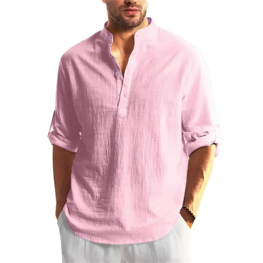 Autumn Men's Cotton /Linen Long Sleeve T-shirt Solid Color Henley Collar Lightweight Breathable Men's Casual Button Top