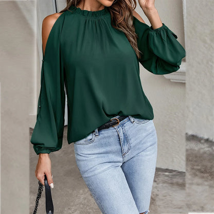Autumn and Winter New Women's Clean Color Lotus Leaf Round Neck Long Sleeve Pleated Off Shoulder Fashion Women's Top.  3 colors all available.  BURGUNDY,  DARK GREEN, BLACK,  waiting for everyone to transition into the fall.