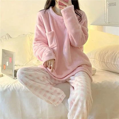 Fleece, Thick Warm Women's Pajamas Set FOR Winter Sleepwear. Casual Solid Top and Plaid Pants Soft  Pajmpas Set for Women