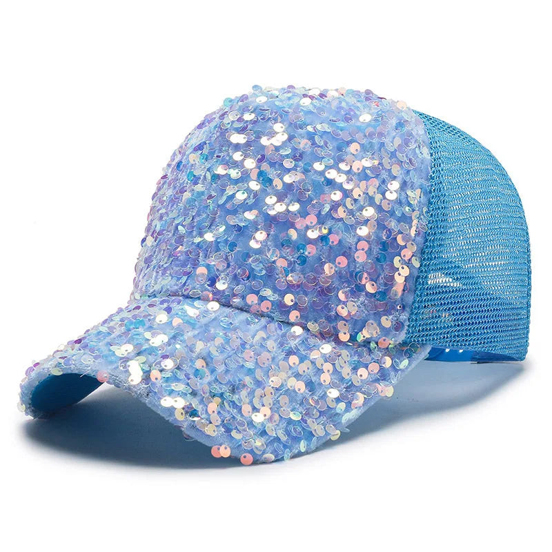 Girls' Sparkling Sequin Baseball Cap - Breathable Mesh Sun Hat with Snapback Closure for Spring/Summer Outdoor Activities Casual.  BLUE is gone.  All other colors are GOOD.