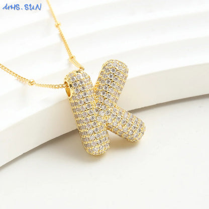 MHS.SUN Gold Plated Balloon 26 Letter Necklaces Copper Zircon Bubble Initial Pendant Chunky Women Personality Chain Jewelry