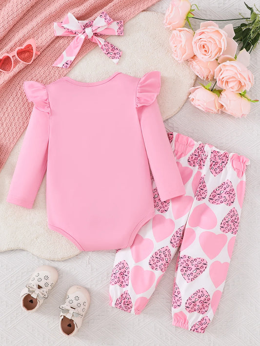Girls Spring/ spring .Casual Long Sleeve Letter Print.    Pink Triangle Romper, Long Pants,  Headscarf Set