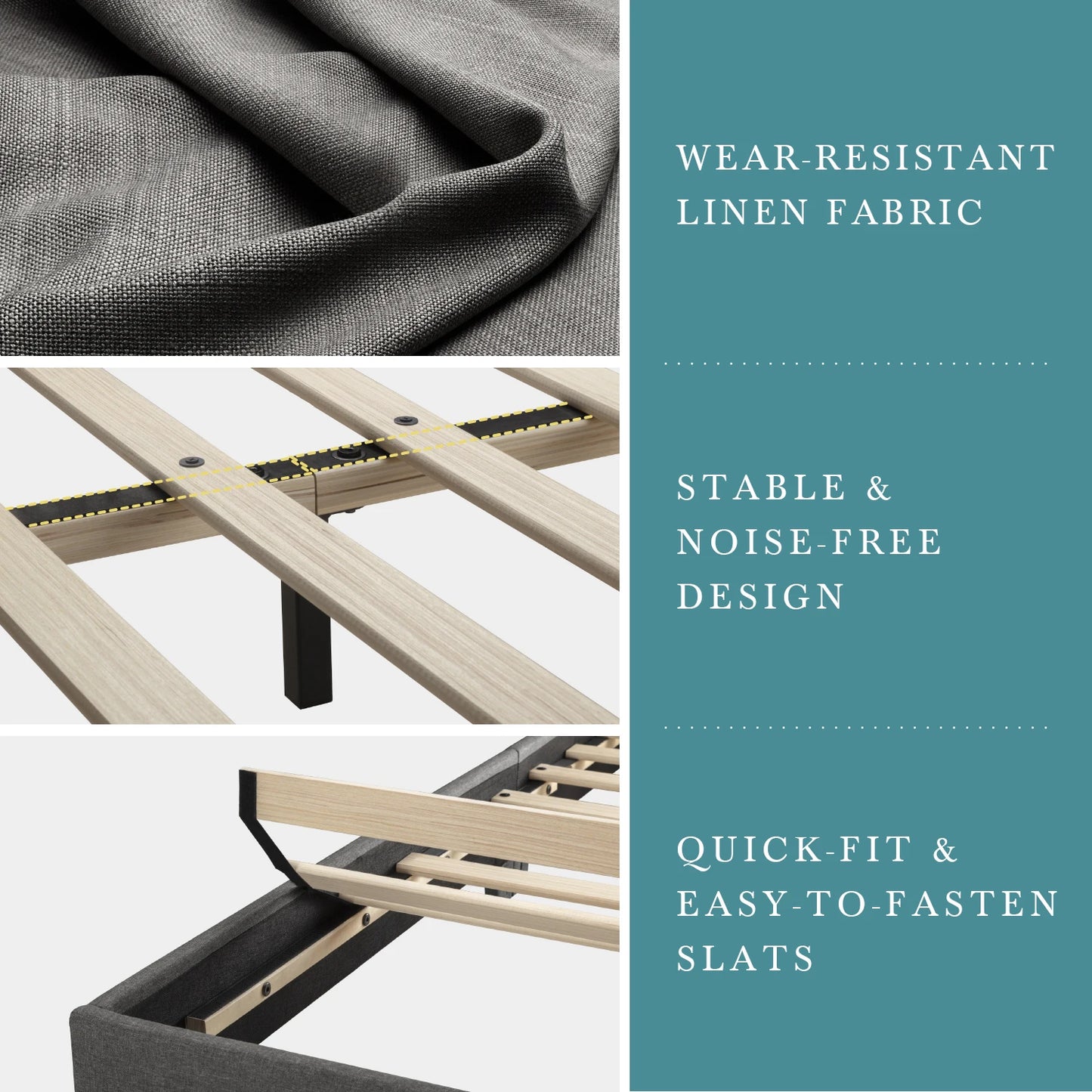 Upholstered Bed Frame with Adjustable Headboard, Soft Linen Fabric, Strong Supporting Structure, Noise-Free Allewie