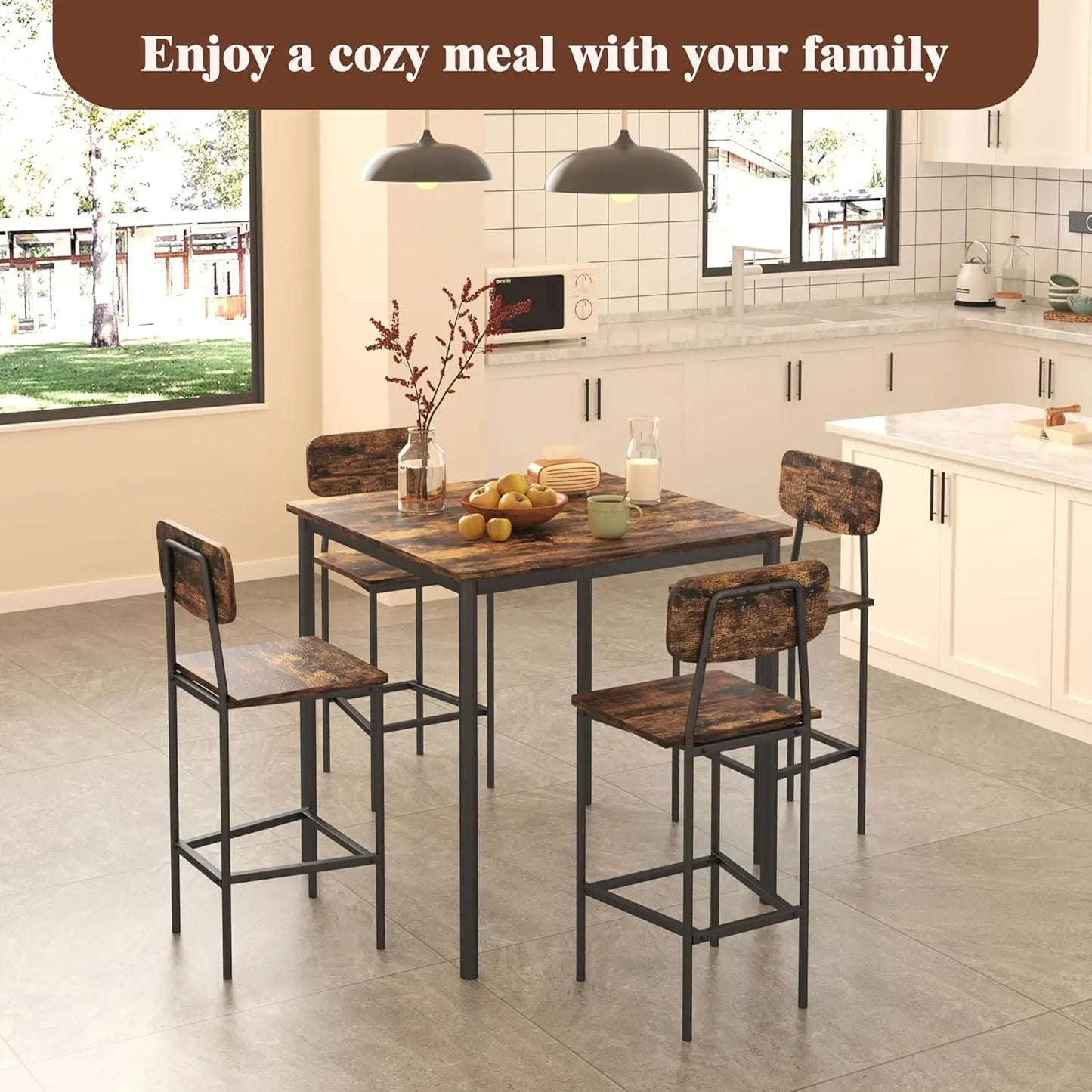 Kitchen Table and  4 Chairs, 5 Piece Dining Table Set, Sturdy,  Industrial Space -Saving, Dinette Set for Pub, Family, Customized