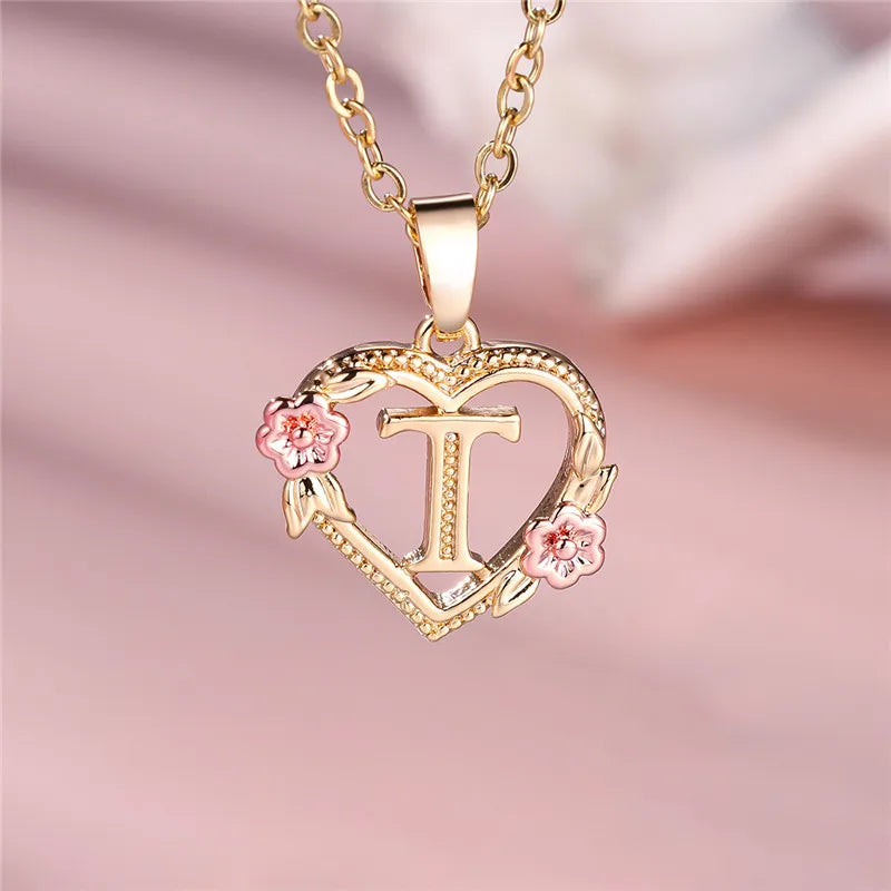 A-Z Letter Flower Pendant Necklace,  Yellow Gold  Wedding Jewelry GifTS