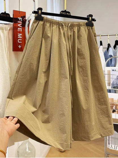 Quick Dry Thin Wide Leg Pants, Women's Elastic Waist Five-Point Shorts, Casual Straight Leg Acetate Fiber  for Summer