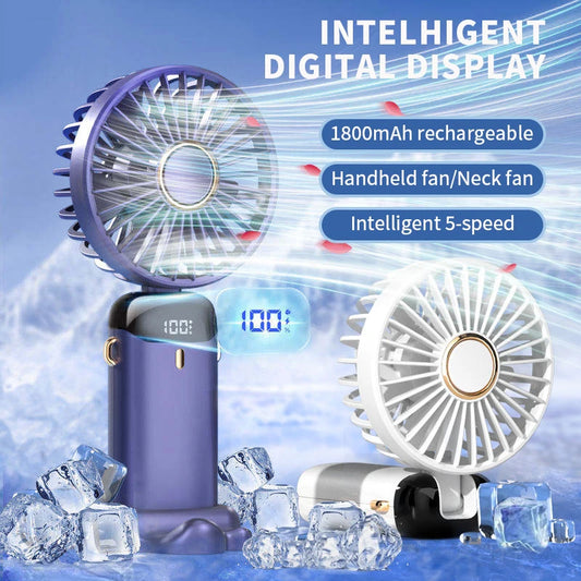 Portable Handheld Mini Fan, Foldable Neck Hanging Fans , 5 Speed USB Rechargeable Fan with Phone Stand and Display Screen, 1800mAh.  BLUE< PURPLE< WHITE Colors are Available