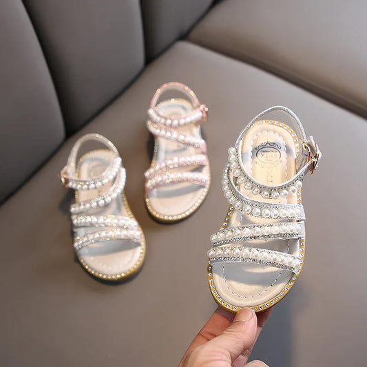 Childrens  Sandals, Flat Shoes for  Kids with Pearls.  Open-toe Non-slip Princess Sandals
