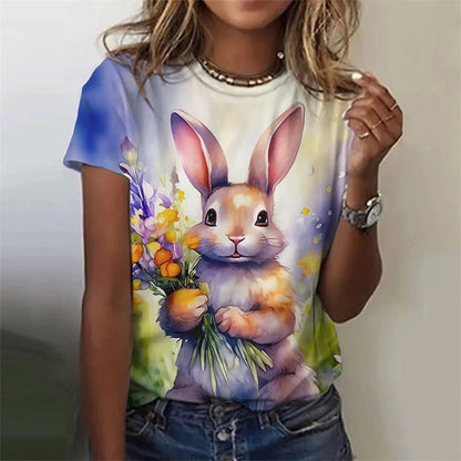 Cute Fun Rabbit Printed T Shirt, Unisex,  Short Sleeve O Neck, Fashion  for Easterwear.  T Shirts  for Summer Casual Outdoor, Soft Tops