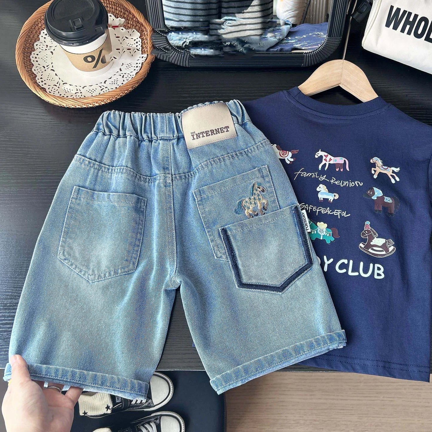 Summer Boys Shorts, Cartoon Embroidery, Boys Denim Shorts Water Wash, 2-10Yrs Boys Horse Pocket Jeans
