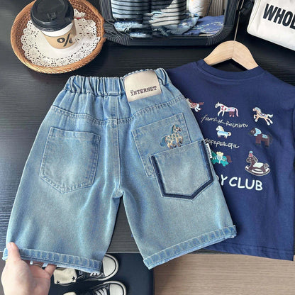 Summer Boys Shorts, Cartoon Embroidery, Boys Denim Shorts Water Wash, 2-10Yrs Boys Horse Pocket Jeans
