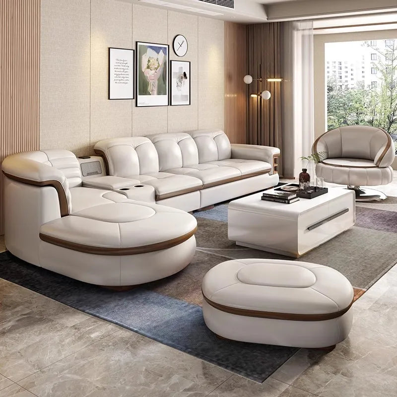 Luxury L-Shaped Genuine Leather Sectional Sofa Sets with USB, Bluetooth Speaker - Living Room, Italian Leather Couches