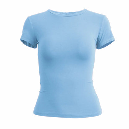 Womens tight fitting, sporty TEE Shirt in several solid colors.