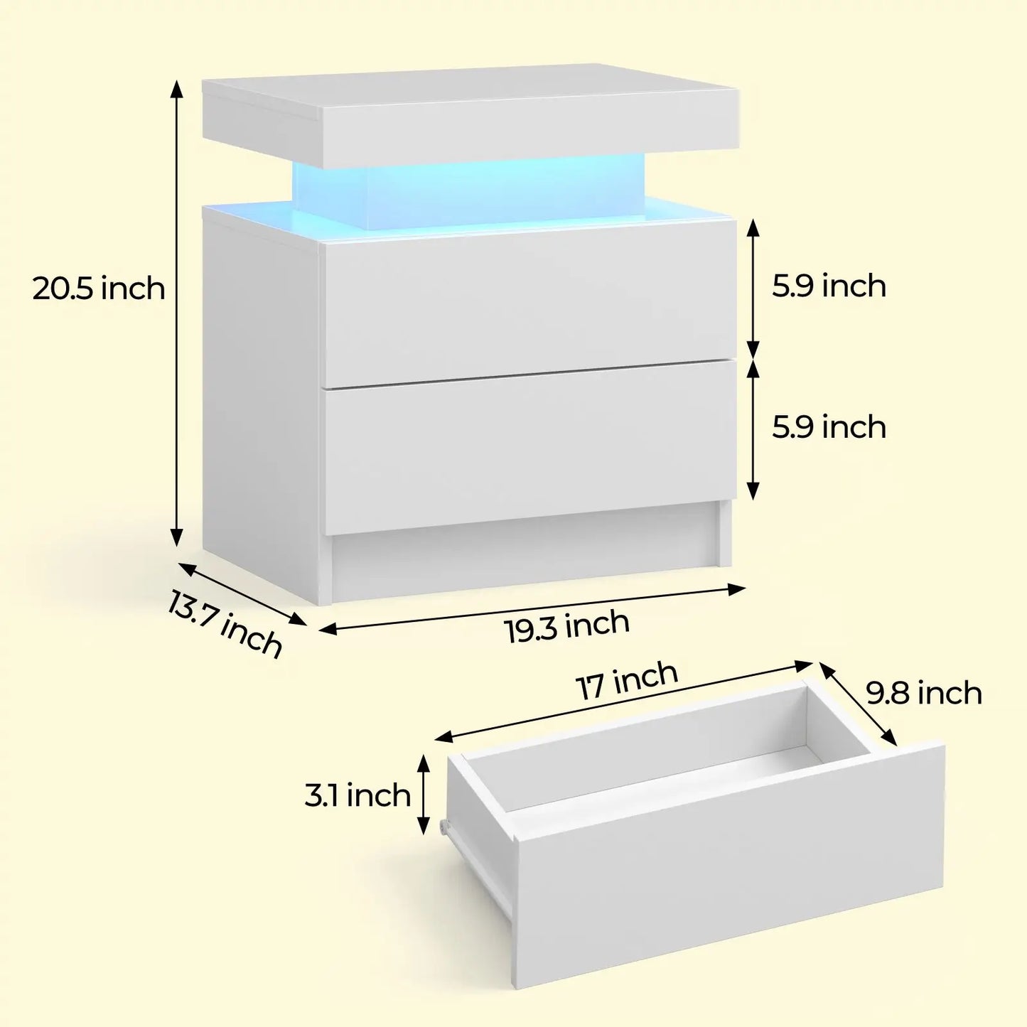 Cube LED Nightstand with 2 Drawers, End Table with RGB LED Lights for Bedroom, Living Room, in White