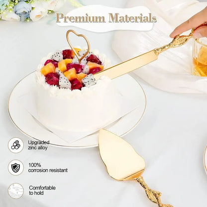 2pc.  Set of Golden Color Cake Knife and Spatula  with Luxury Rose Shaped Handle.   Cake Knife for Weddings,  Birthday Party,  Tableware Gifts