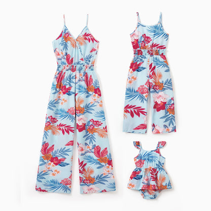 Matching Family Tropical Floral Jumpsuits Sleeveless Wide-Leg Romper Summer Vacation Beachwear for Mommy and Me