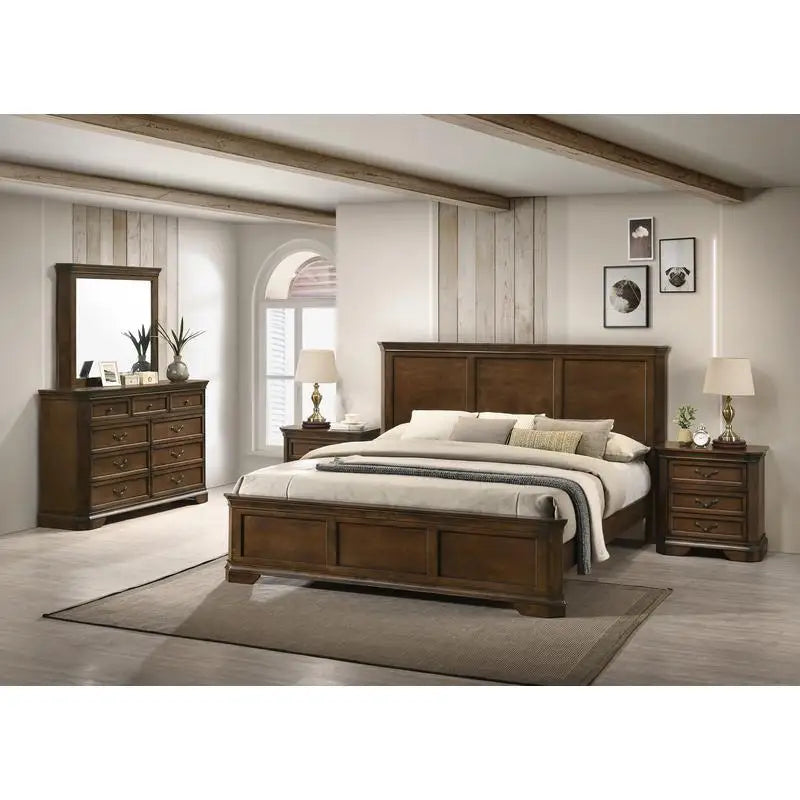 Queen Size Wooden Panel Bed Set with Dresser, Mirror & Nightstands