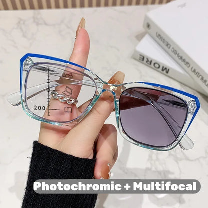 Transparent Frame, Photochromic, Multifocal Reading Glasses for Women/ Men,  Fashion Progressive,  Anti - Blue Light,  Presbyopia READERS.  THESE GLasses are LOADED with choices and features.