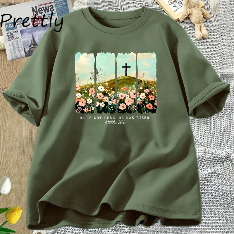 He Is Risen. Wildflower Print Tshirt  for Spring, Easter Designs. T-shirt Women Trendy Easter Christian
