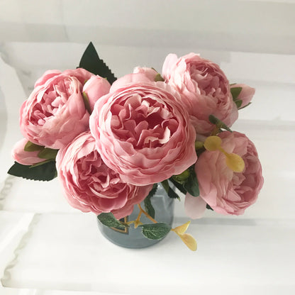 30cm Rose, Pink Silk Peony Artificial Flowers Bouquet  . 5 Big Head and 4 Bud  for Home Wedding Decoration indoor