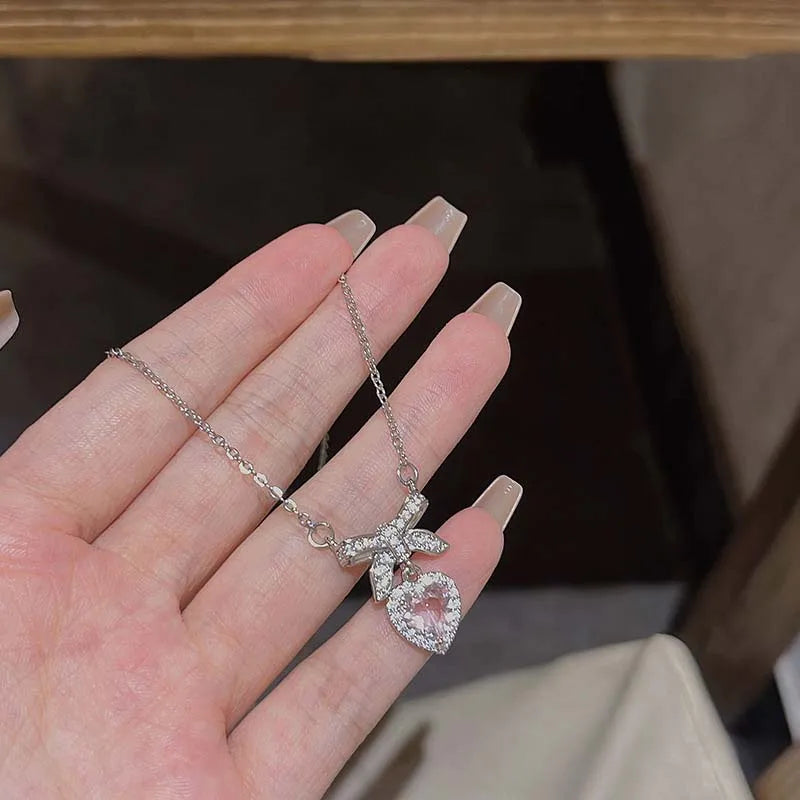 Fashion Pink Crystal Heart Bow Tie Pendant Necklace. Silver Color Chain.  Necklace for Women on Valentines for Aesthetic Jewelry