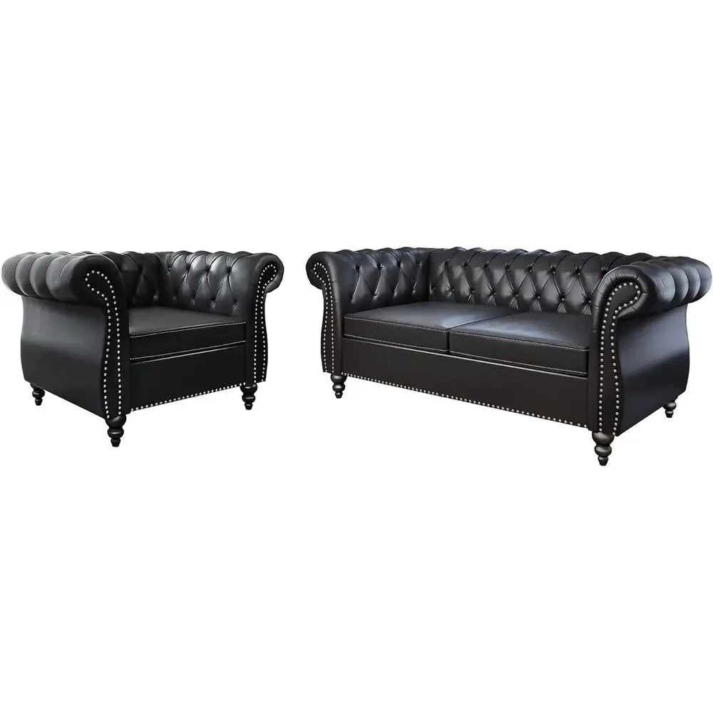 Leather Chesterfield Sofa Set with Scroll Arms and Black Ottoman for Living Room